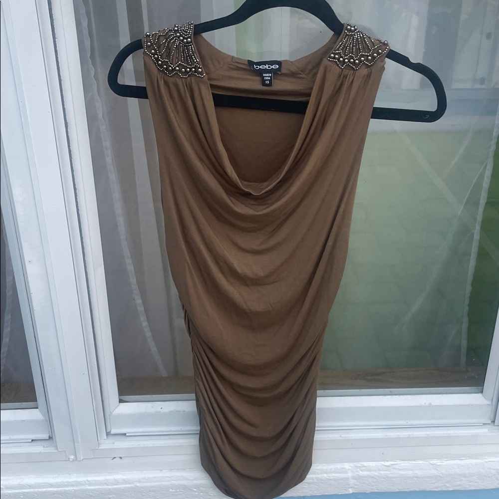 Bebe Brown Draped top  with Embellished Shoulders